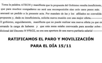 ATECH no aceptó y ratifica paro para el martes 15 de noviembre