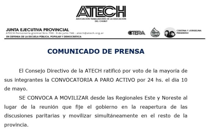 El Consejo Directivo de ATECH ratificó la convocatoria a paro activo el 10 de mayo