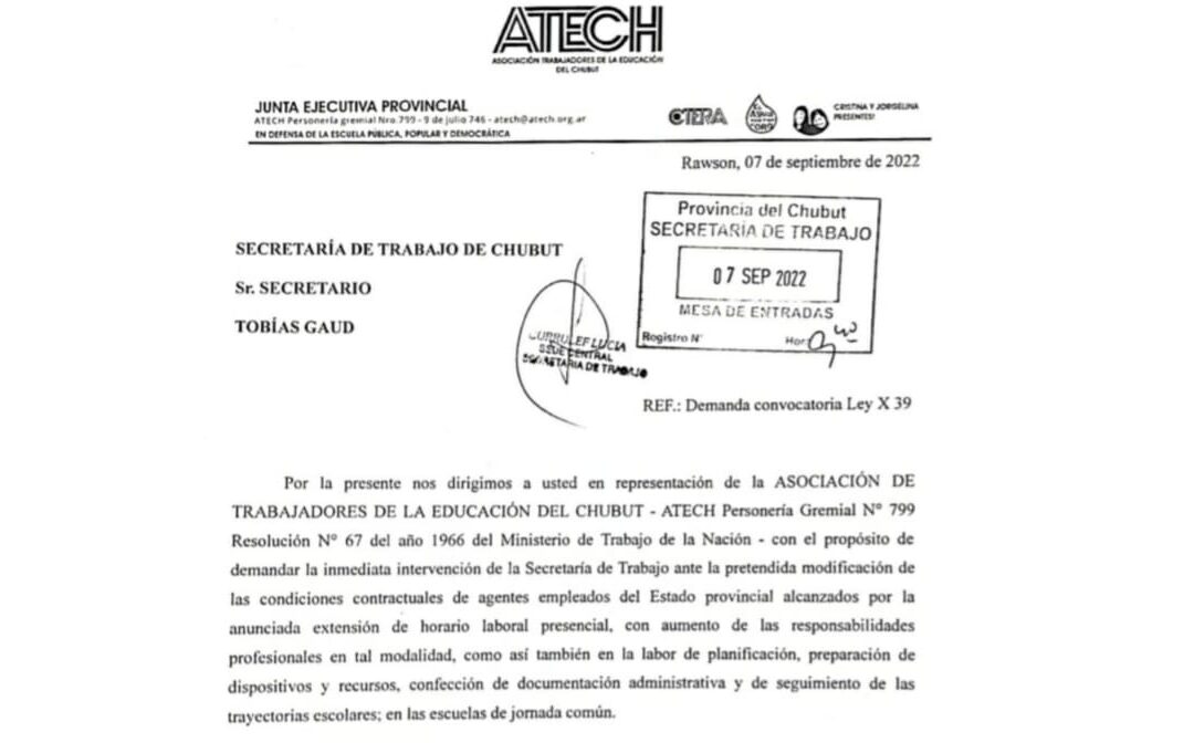 ATECH pide intervención de Secretaria de Trabajo ante la extensión horaria pretendida en Primaria