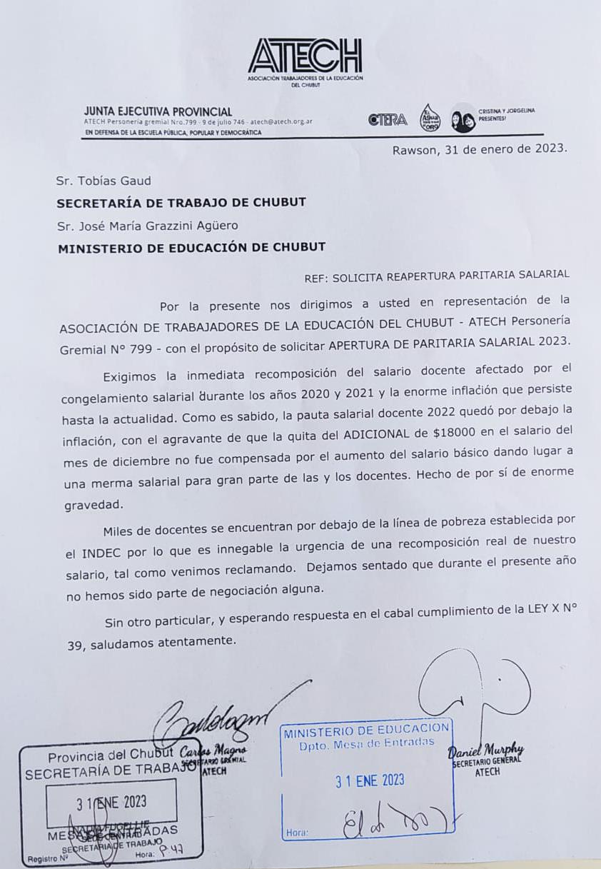 Nota presentada por reapertura de paritarias.